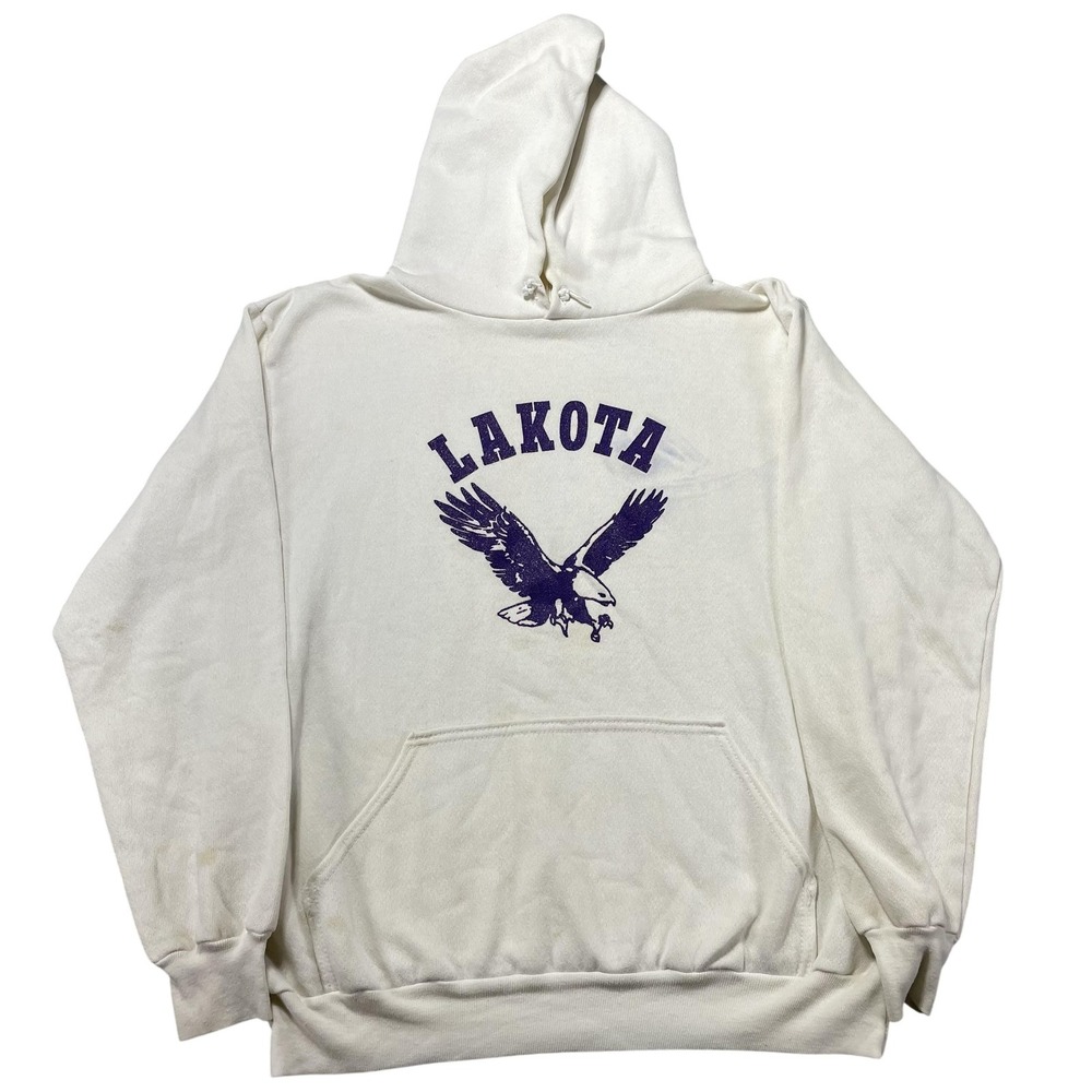 Vintage Dodger Sportswear Hoodie Mens L White Lakota Eagle Fleece Sweatshirt 80s
